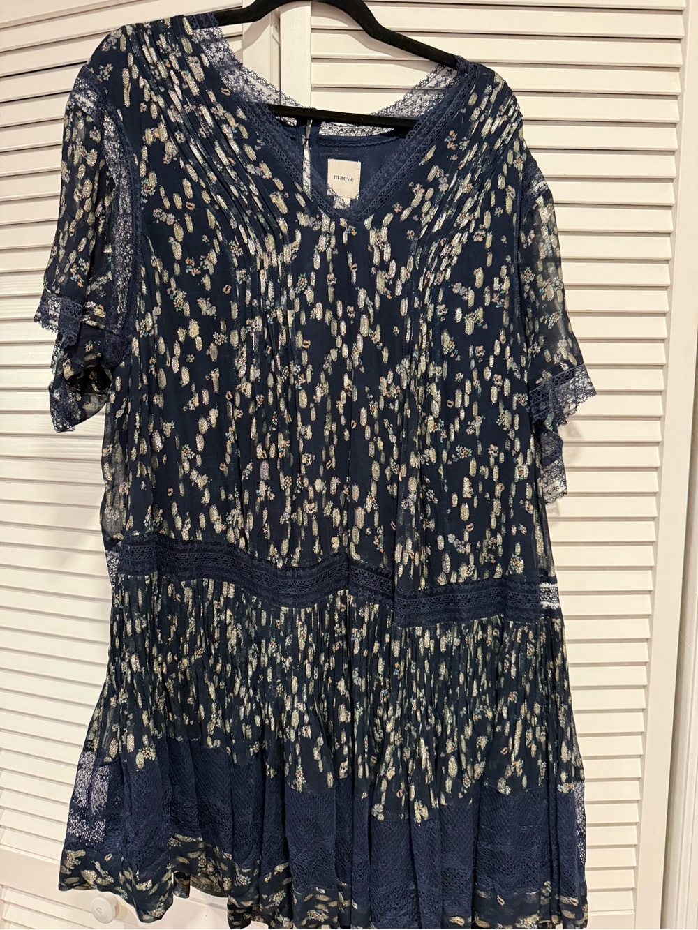 Anthropologie Navy Floral Midi Dress with Cream Accents
